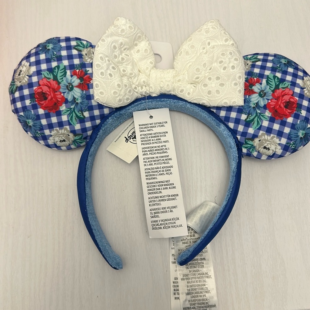 Disney Parks Gingham Floral Minnie Ear Headband Eyelet Lace Summer Picnic NWT